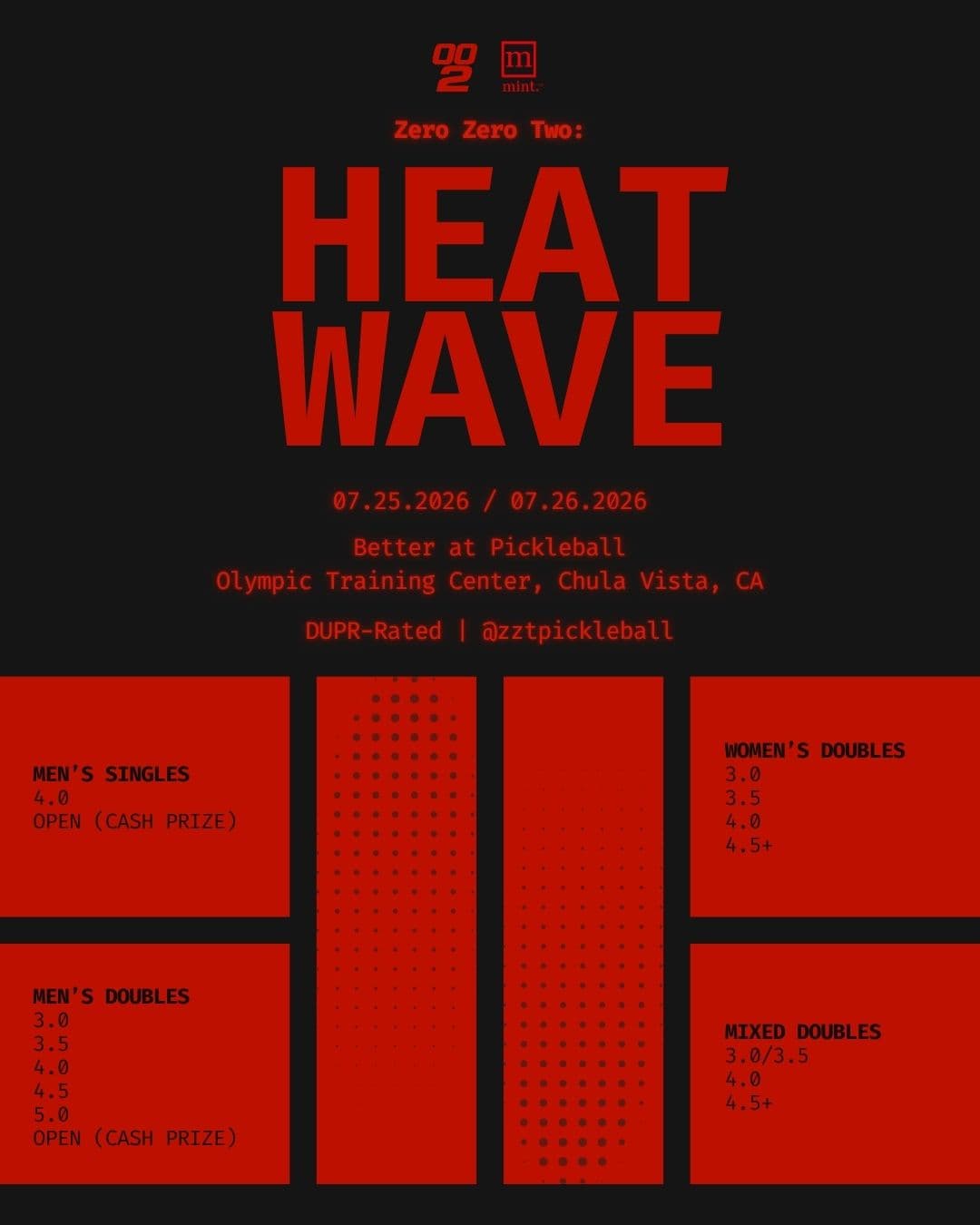 002 Heat Wave official tournament poster, July 25–26, 2026 at the Olympic Training Center, with DUPR-rated divisions